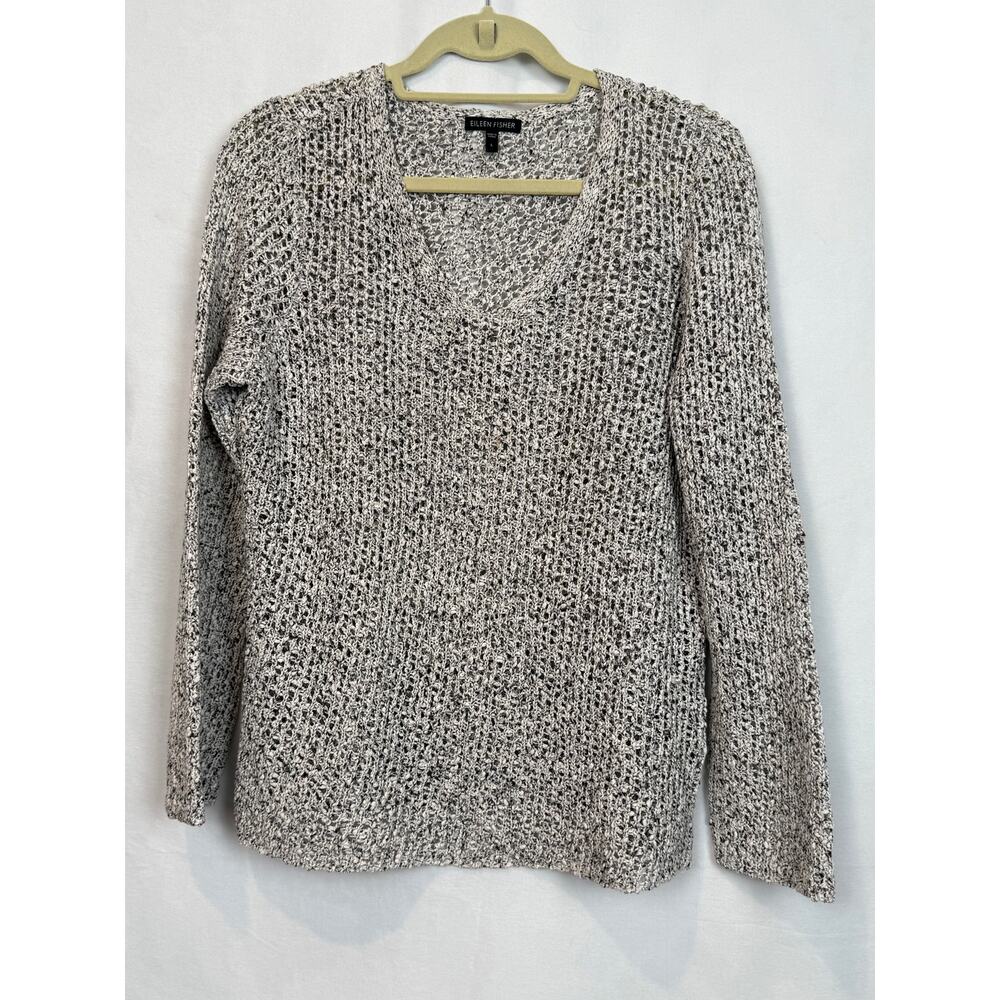 Eileen Fisher 100% Cotton Open Weave Sweater Size L Cream V-Neck